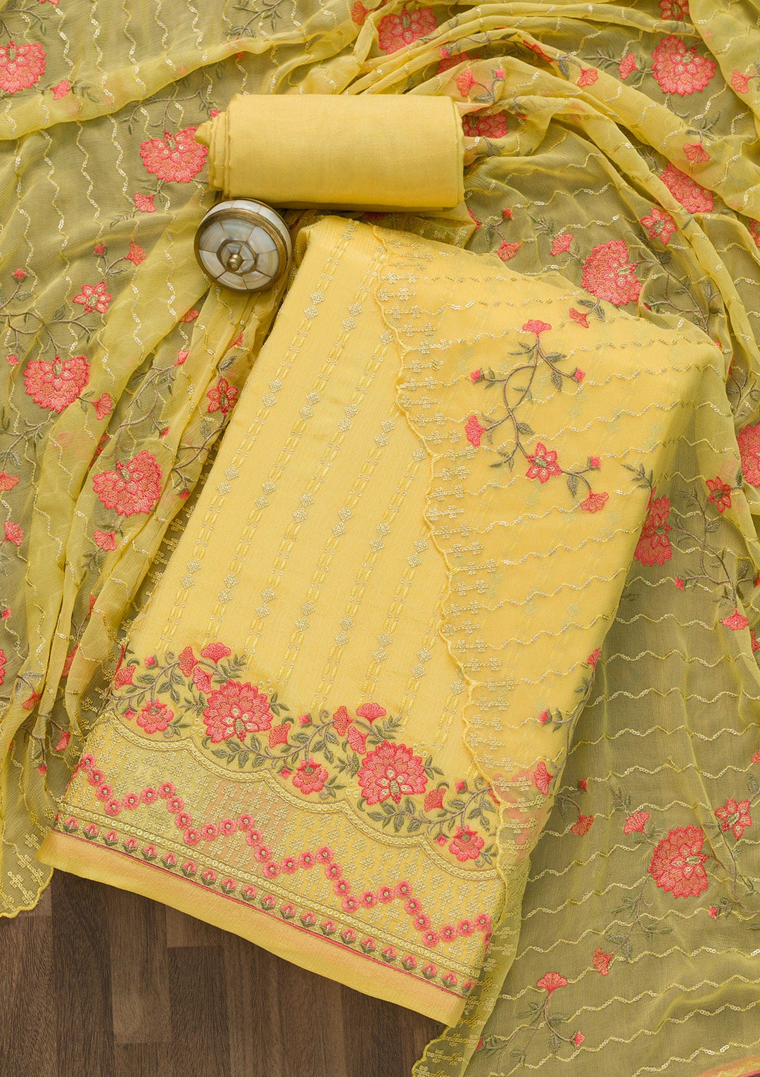 Yellow Threadwork Chiffon Unstitched Salwar Suit-Koskii
