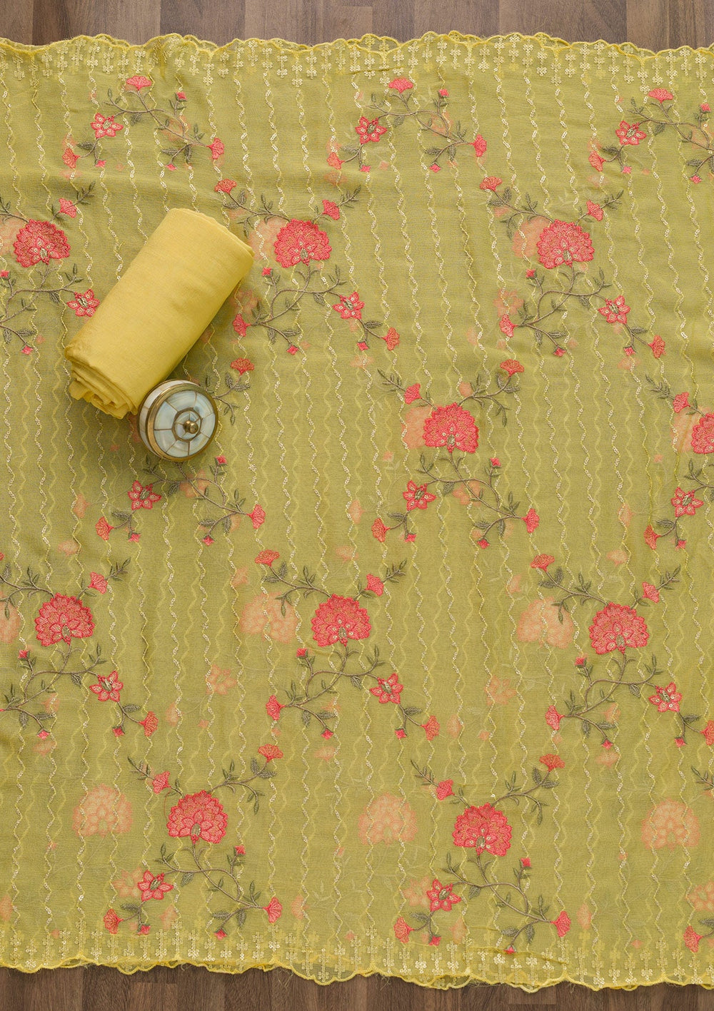 Yellow Threadwork Chiffon Unstitched Salwar Kameez-Koskii