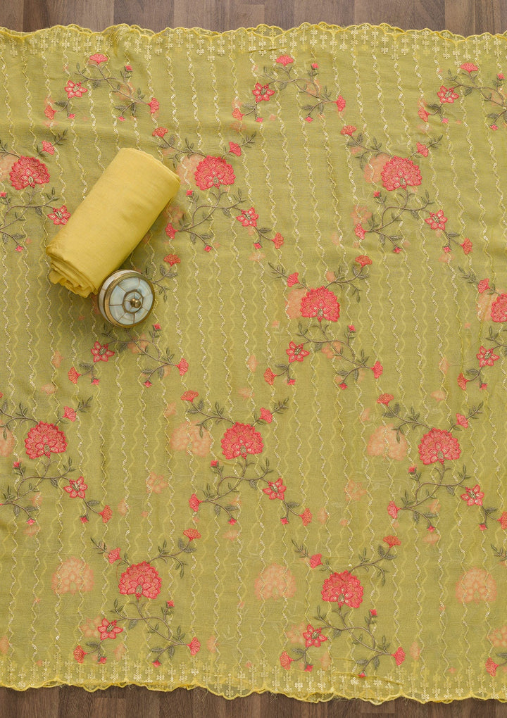 Yellow Threadwork Chiffon Unstitched Salwar Kameez-Koskii