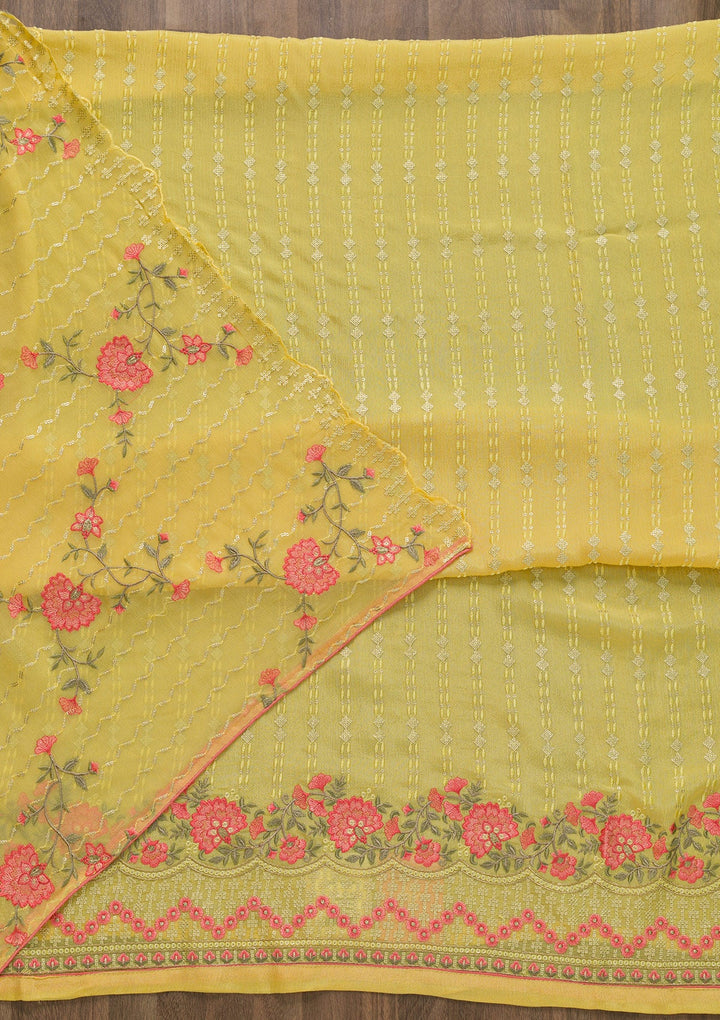 Yellow Threadwork Chiffon Unstitched Salwar Kameez-Koskii