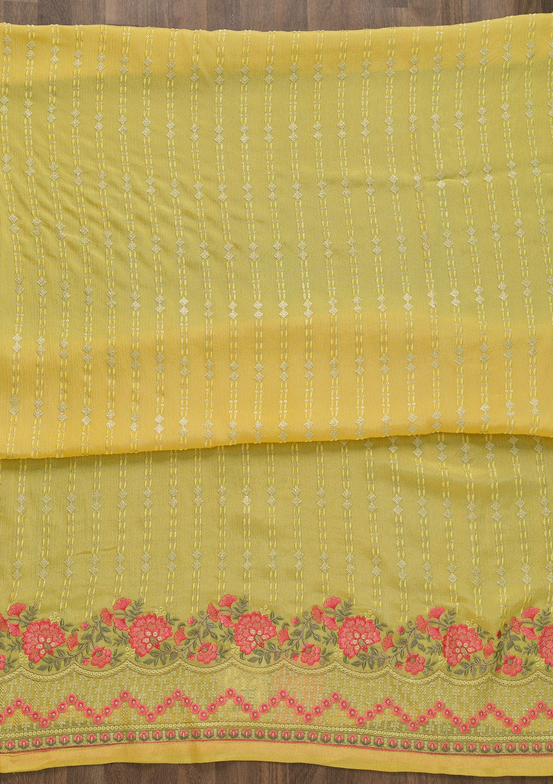 Yellow Threadwork Chiffon Unstitched Salwar Kameez-Koskii