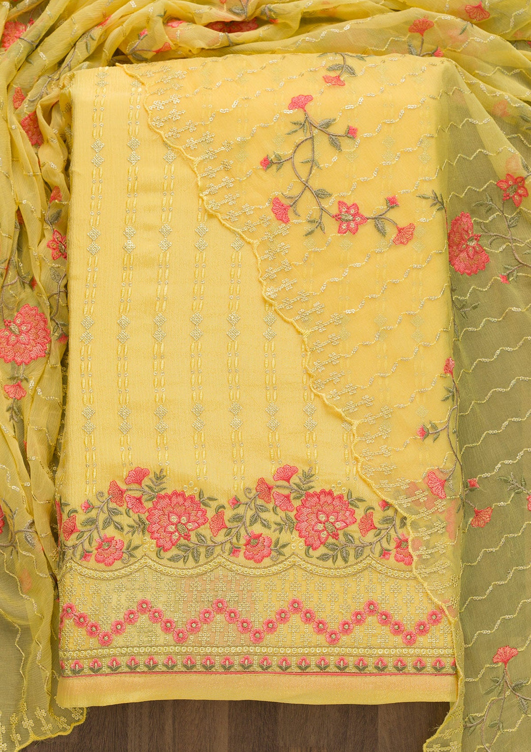Yellow Threadwork Chiffon Unstitched Salwar Kameez-Koskii