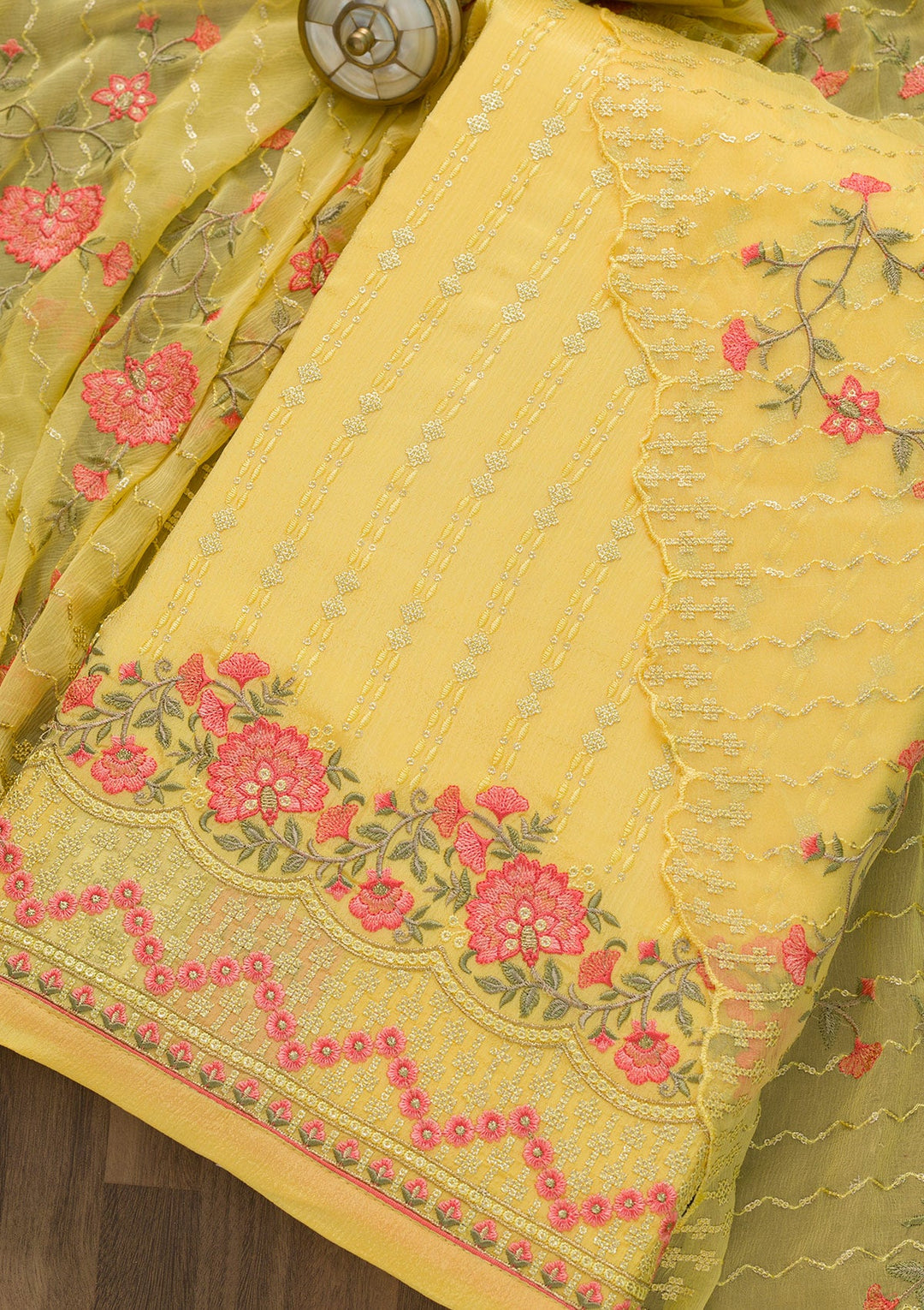 Yellow Threadwork Chiffon Unstitched Salwar Kameez-Koskii