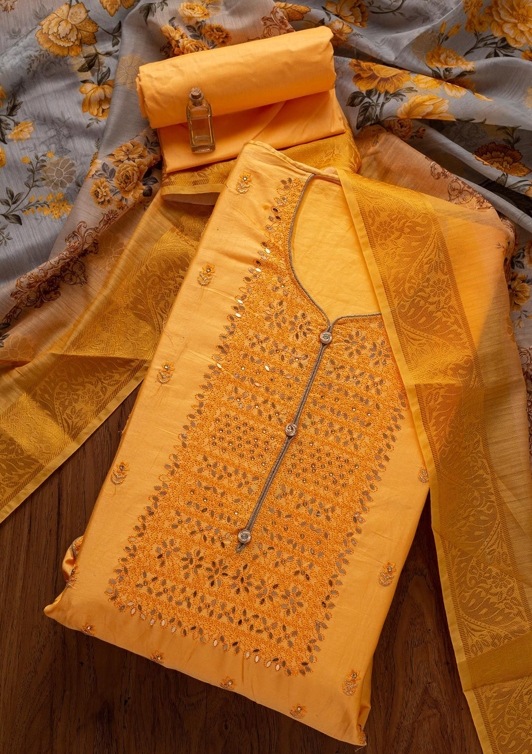 Yellow Threadwork Cotton Designer Unstitched Salwar Suit - koskii