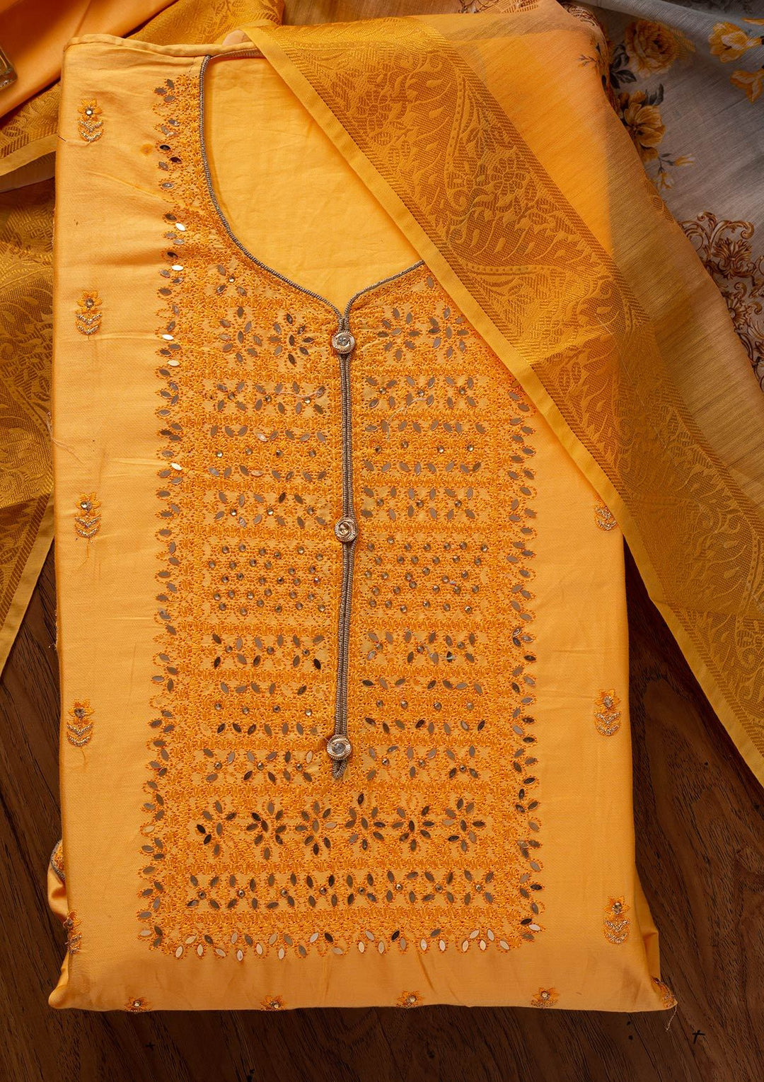 Yellow Threadwork Cotton Designer Unstitched Salwar Suit - koskii