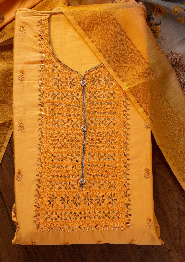 Yellow Threadwork Cotton Designer Unstitched Salwar Suit - koskii