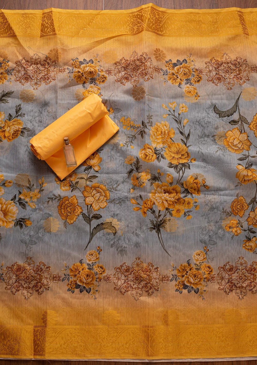 Yellow Threadwork Cotton Designer Unstitched Salwar Suit - koskii