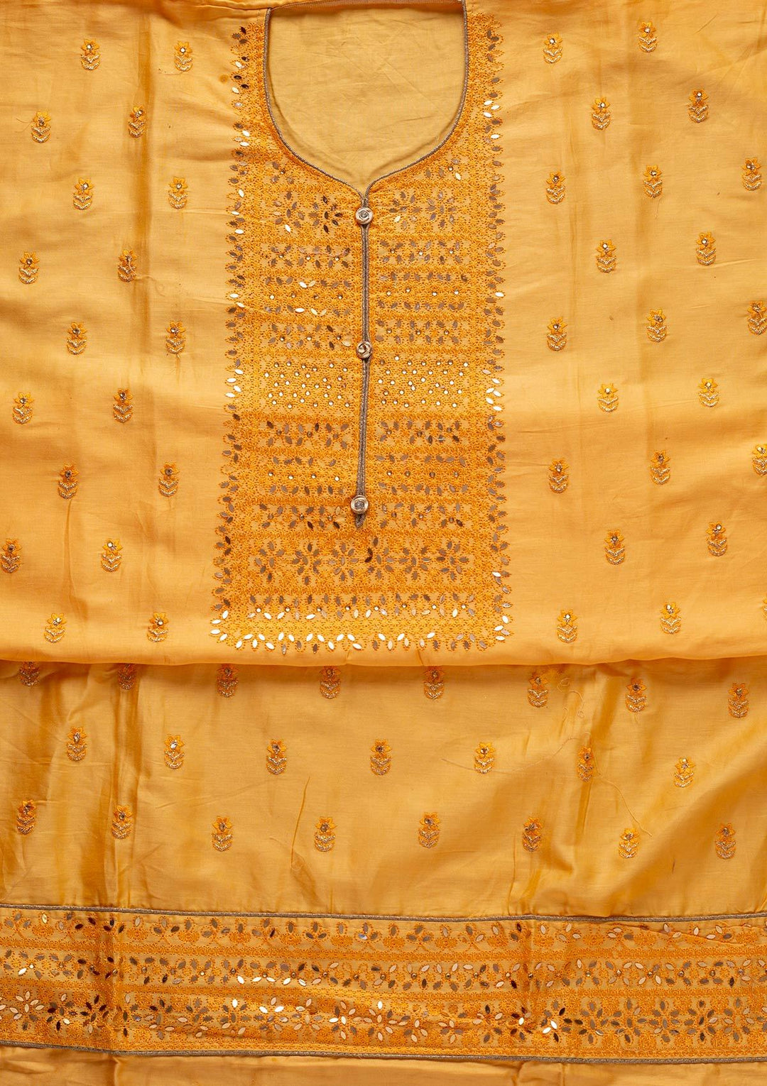 Yellow Threadwork Cotton Designer Unstitched Salwar Suit - koskii