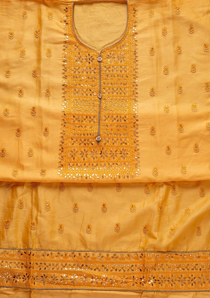 Yellow Threadwork Cotton Designer Unstitched Salwar Suit - koskii
