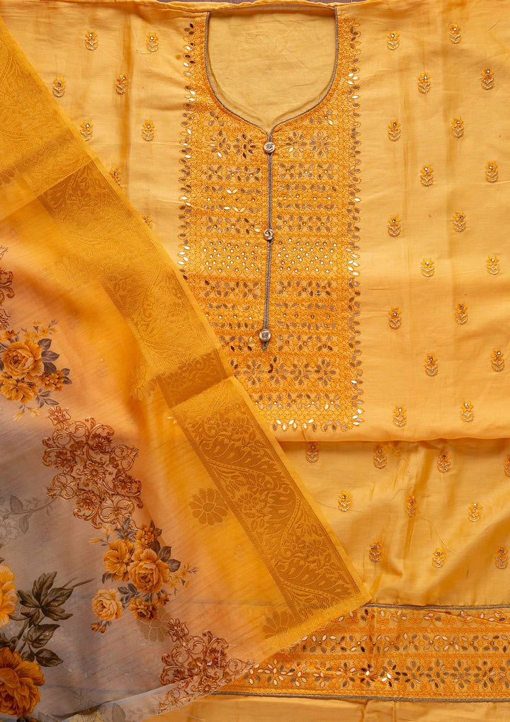 Yellow Threadwork Cotton Designer Unstitched Salwar Suit - koskii