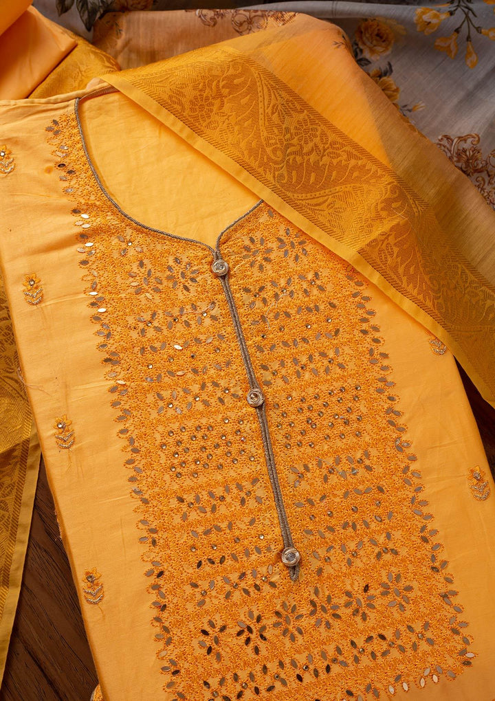 Yellow Threadwork Cotton Designer Unstitched Salwar Suit - koskii