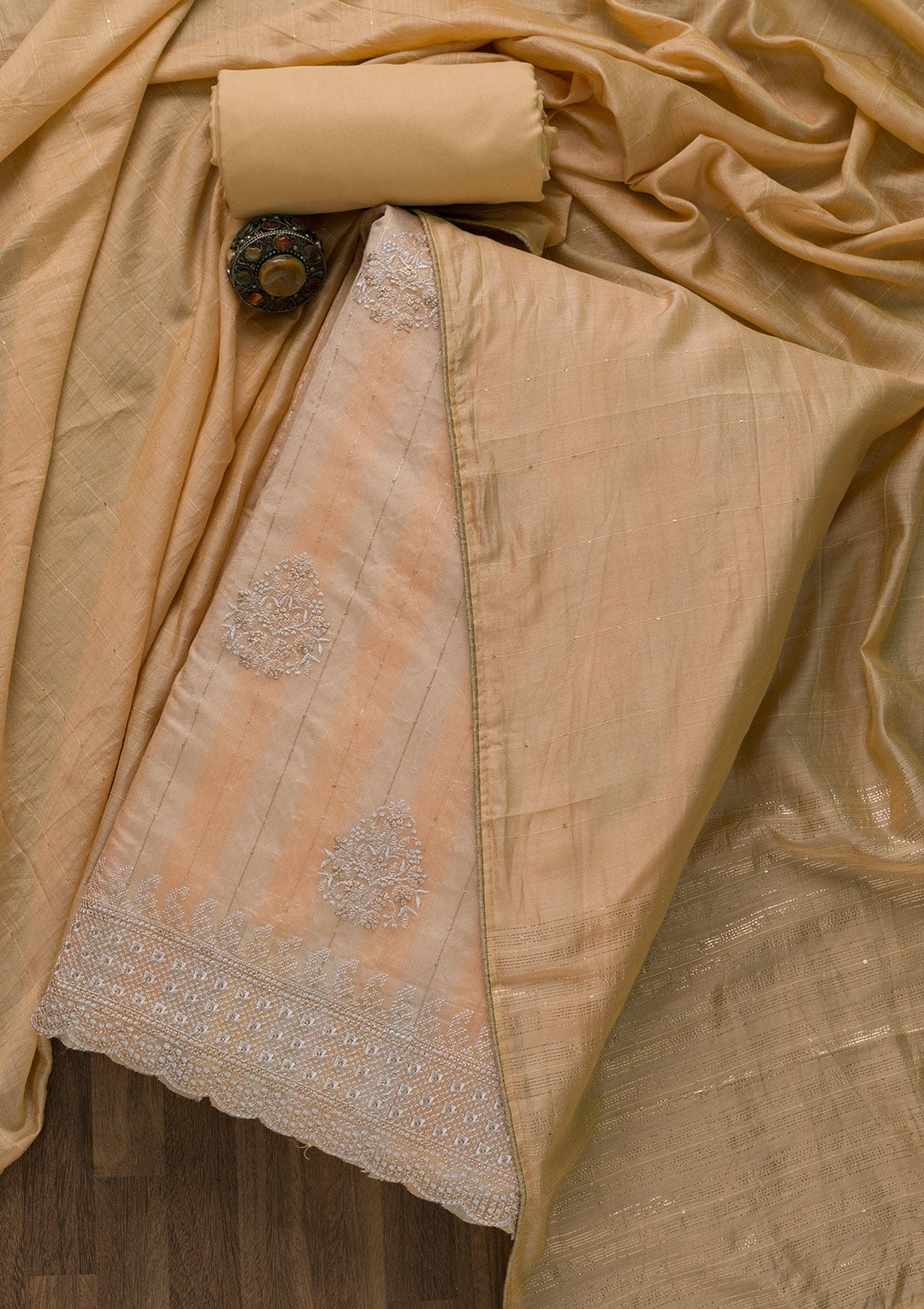 Yellow Threadwork Cotton Unstitched Salwar Suit-Koskii