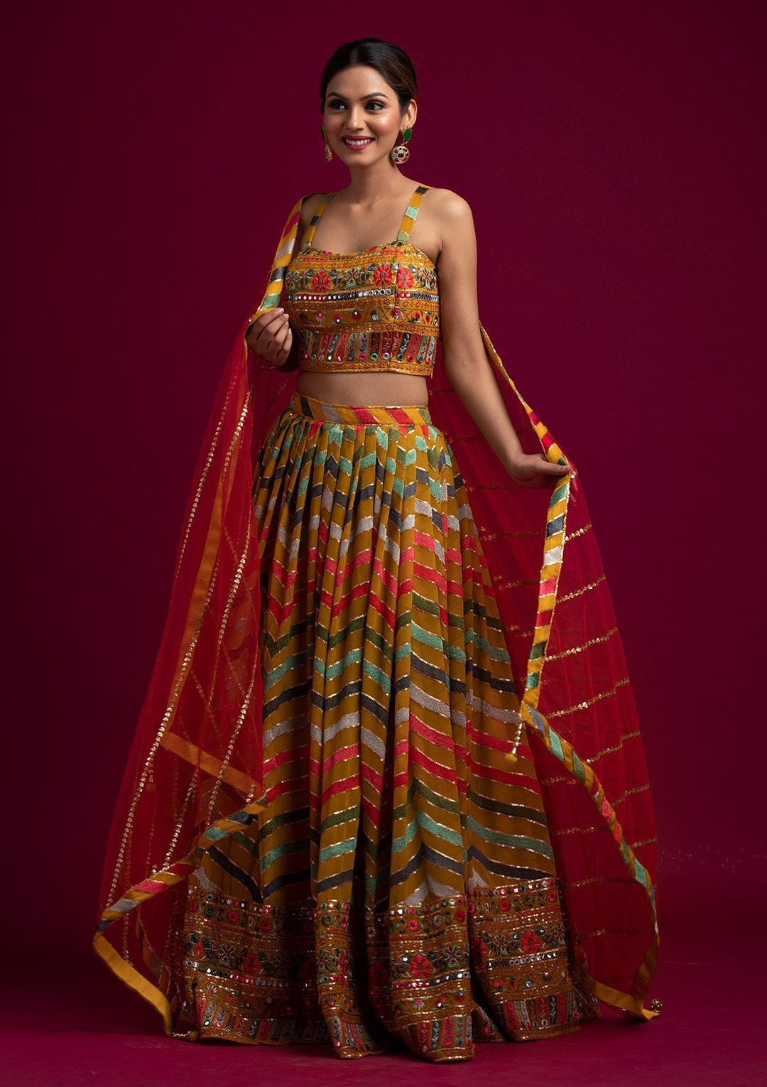 Yellow Threadwork Georgette Designer Lehenga - koskii