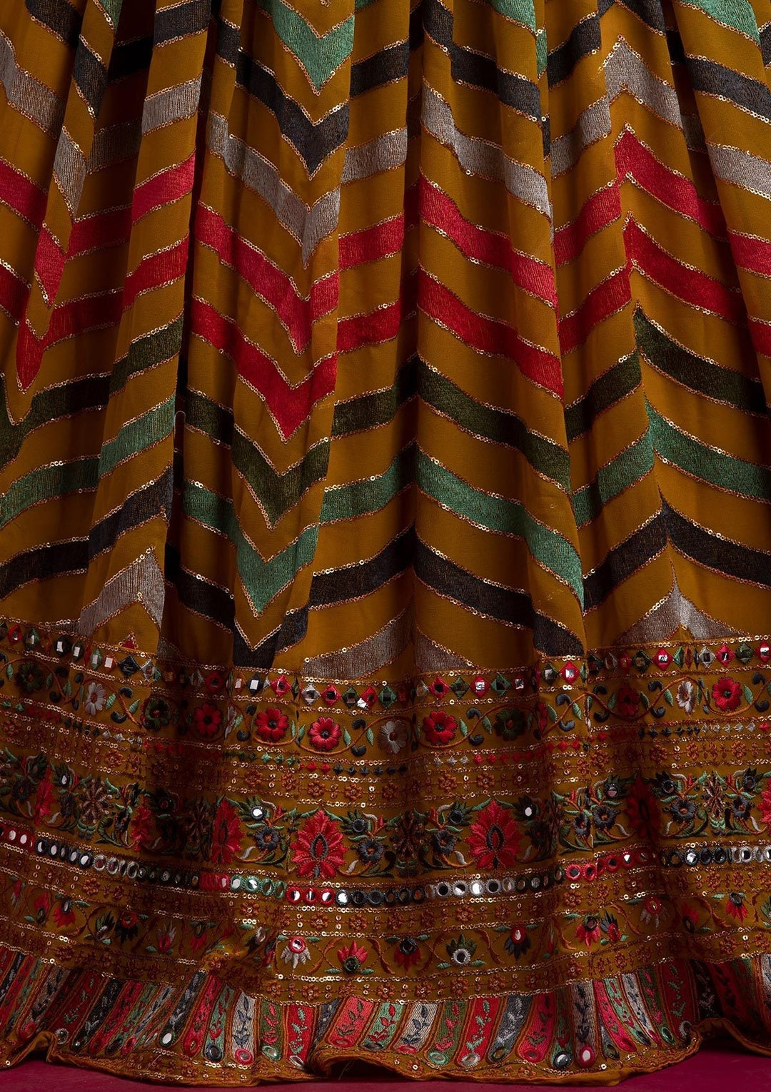 Yellow Threadwork Georgette Designer Lehenga - koskii