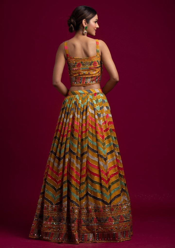 Yellow Threadwork Georgette Designer Lehenga - koskii