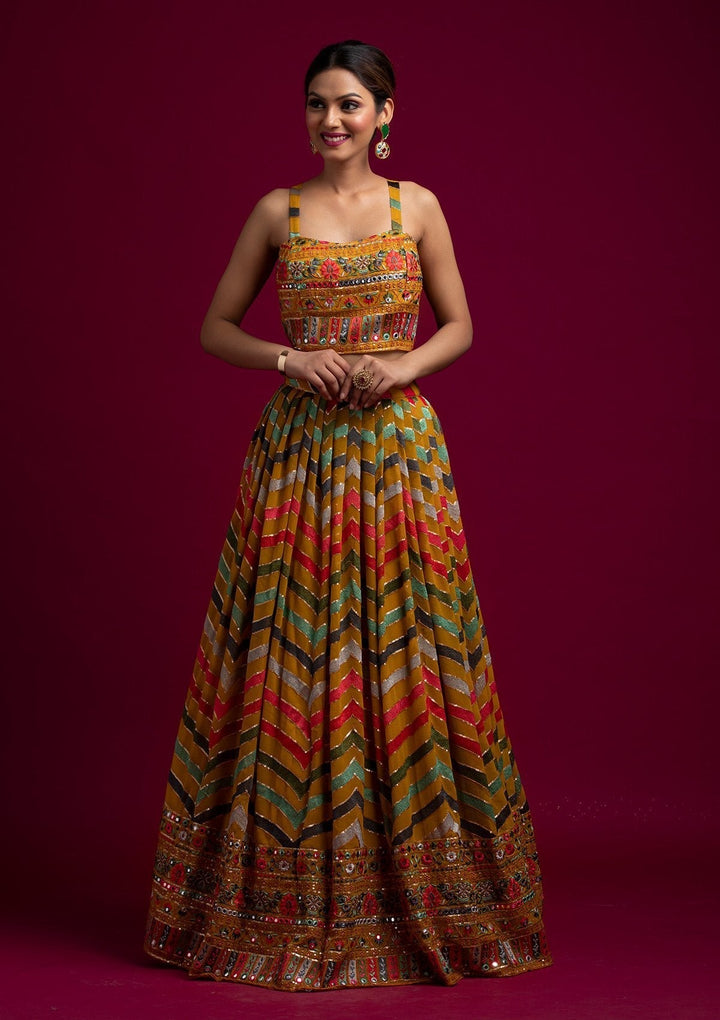 Yellow Threadwork Georgette Designer Lehenga - koskii