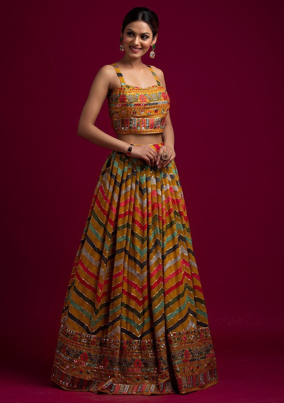 Yellow Threadwork Georgette Designer Lehenga - koskii