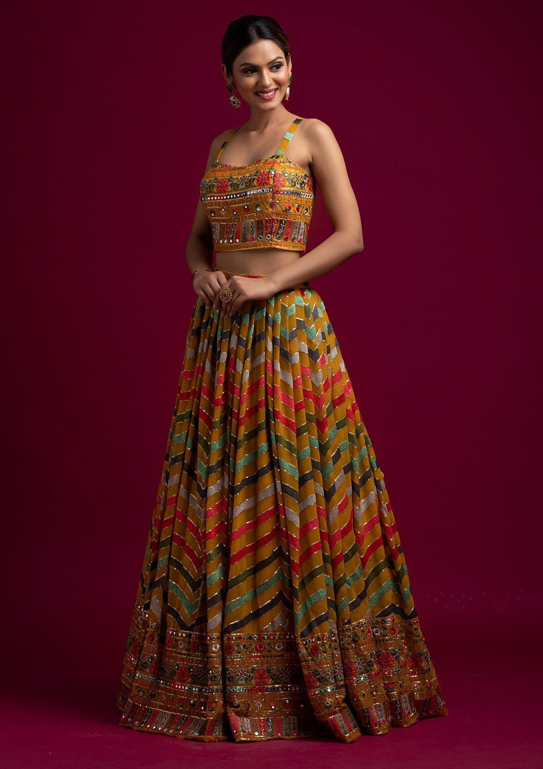 Yellow Threadwork Georgette Designer Lehenga - koskii