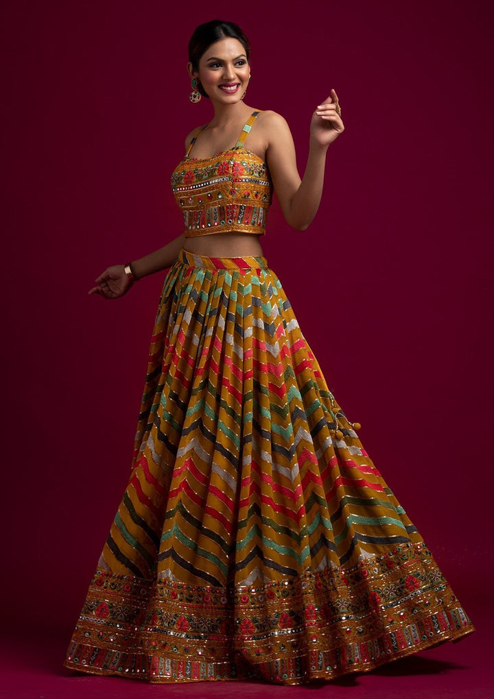 Yellow Threadwork Georgette Designer Lehenga - koskii