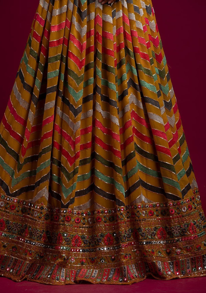 Yellow Threadwork Georgette Designer Lehenga - koskii