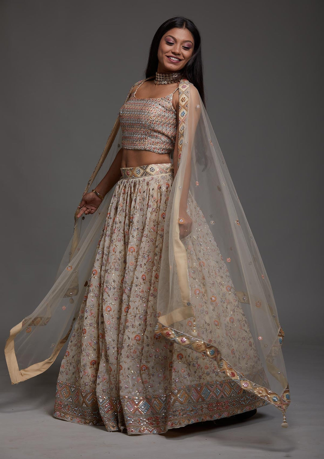 Yellow Threadwork Georgette Designer Lehenga-Koskii