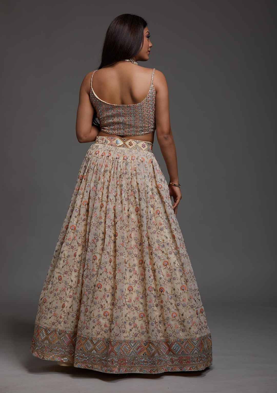 Yellow Threadwork Georgette Designer Lehenga-Koskii