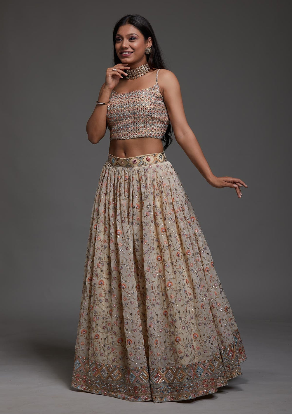 Yellow Threadwork Georgette Designer Lehenga-Koskii