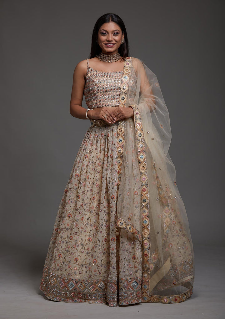Yellow Threadwork Georgette Designer Lehenga-Koskii