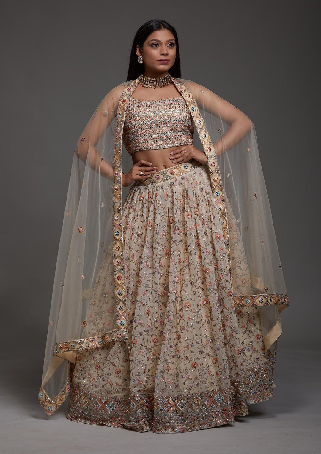 Yellow Threadwork Georgette Designer Lehenga-Koskii
