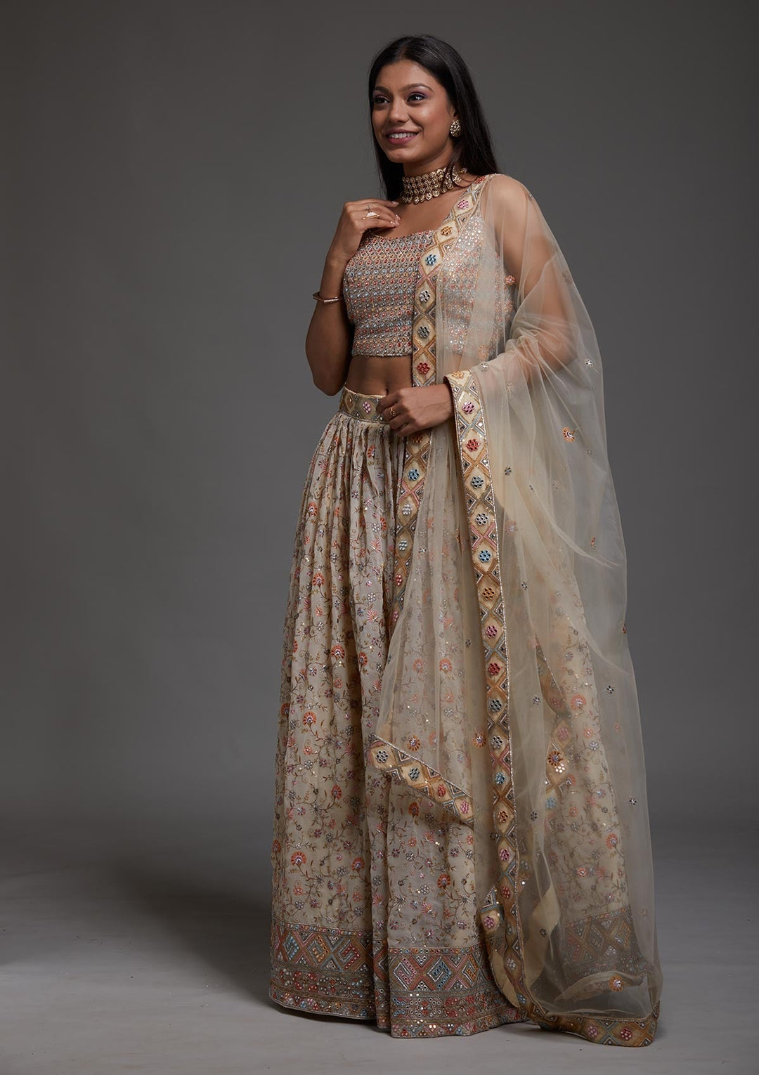 Yellow Threadwork Georgette Designer Lehenga-Koskii