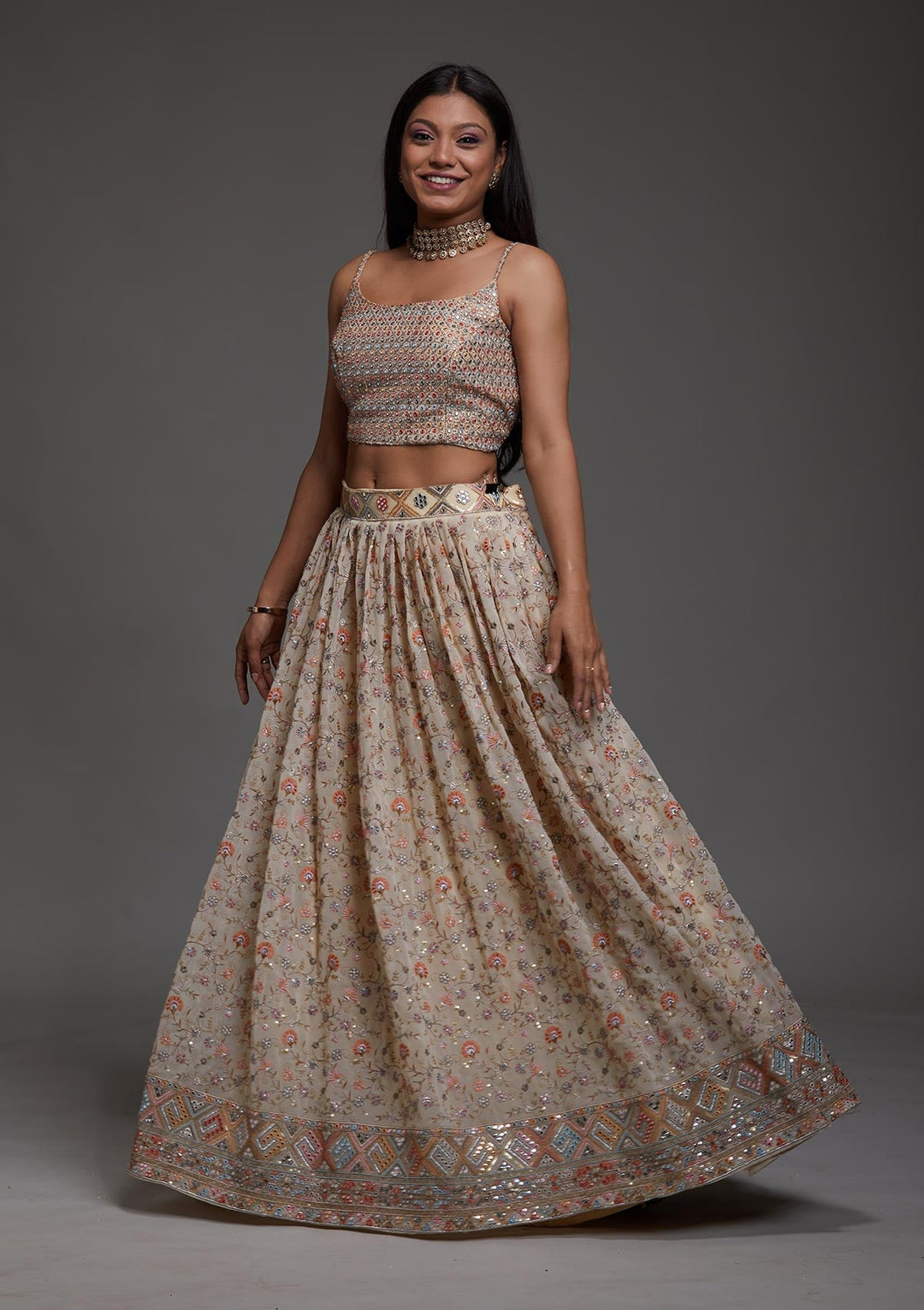 Yellow Threadwork Georgette Designer Lehenga-Koskii