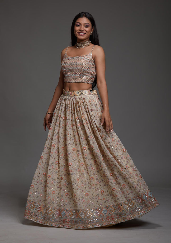 Yellow Threadwork Georgette Designer Lehenga-Koskii