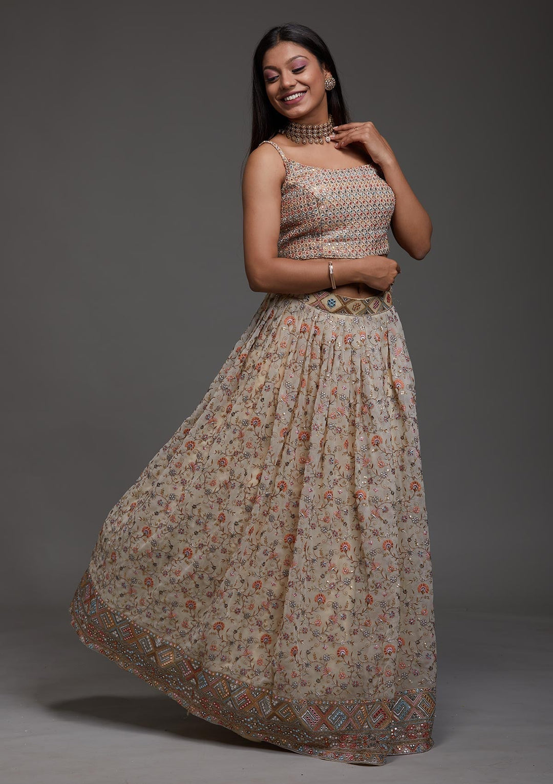 Yellow Threadwork Georgette Designer Lehenga-Koskii