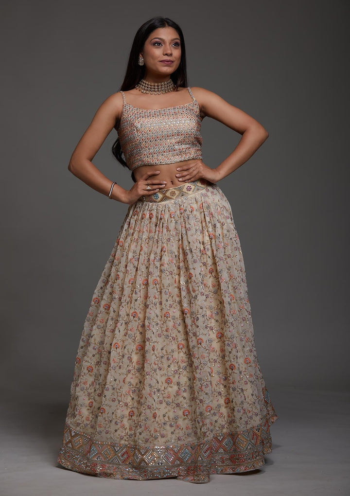 Yellow Threadwork Georgette Designer Lehenga-Koskii
