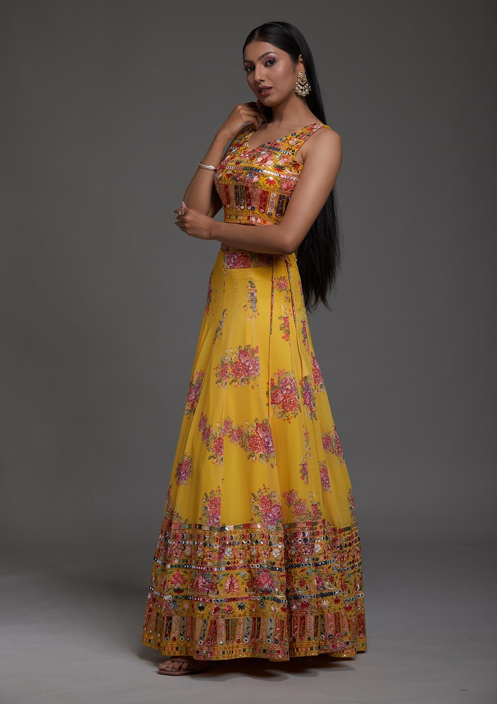 Yellow Threadwork Georgette Designer Lehenga-Koskii