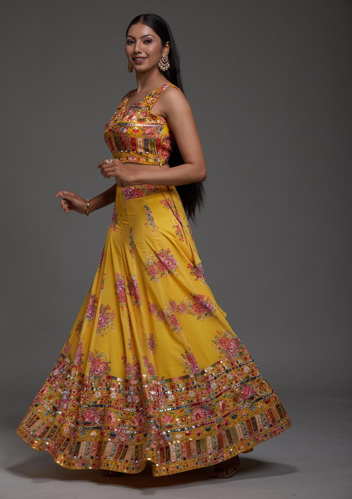 Yellow Threadwork Georgette Designer Lehenga-Koskii