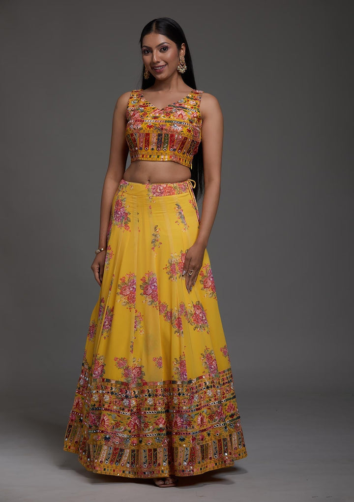 Yellow Threadwork Georgette Designer Lehenga-Koskii