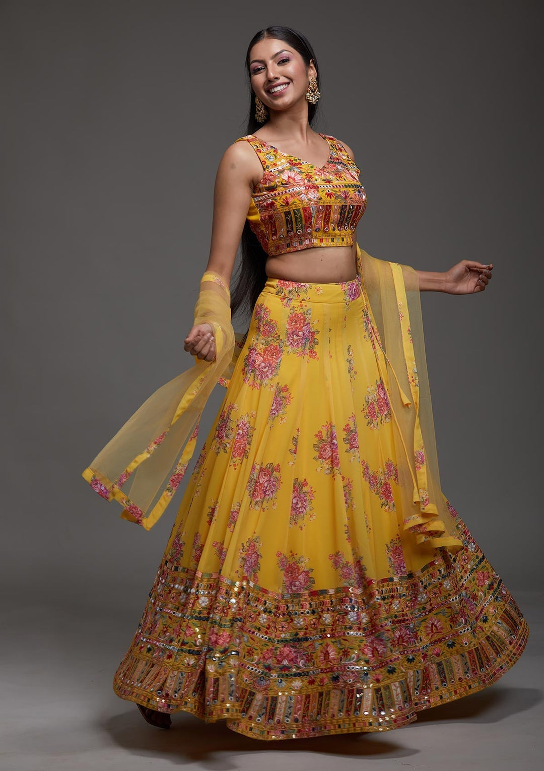 Yellow Threadwork Georgette Designer Lehenga-Koskii