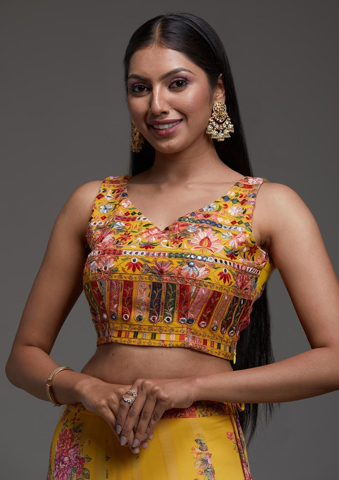 Yellow Threadwork Georgette Designer Lehenga-Koskii