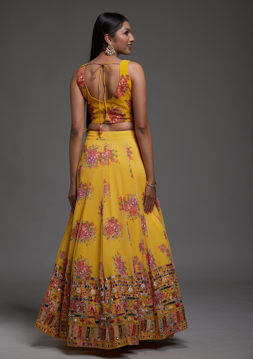 Yellow Threadwork Georgette Designer Lehenga-Koskii