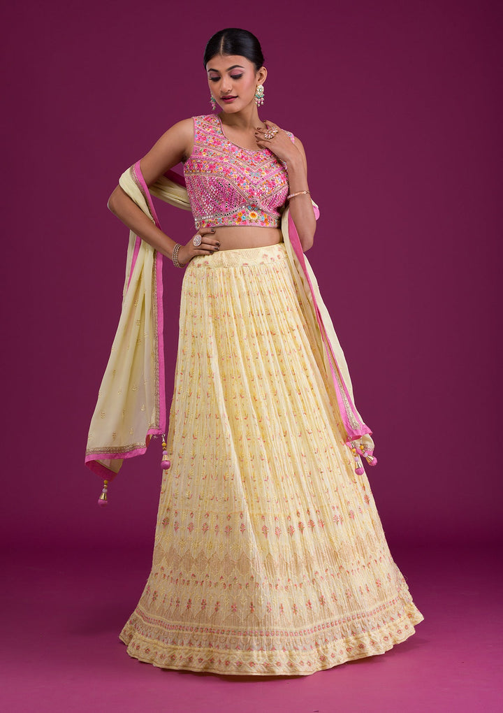 Yellow Threadwork Georgette Readymade Lehenga-Koskii