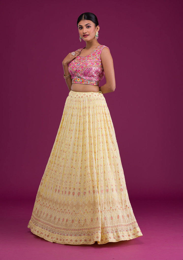 Yellow Threadwork Georgette Readymade Lehenga-Koskii