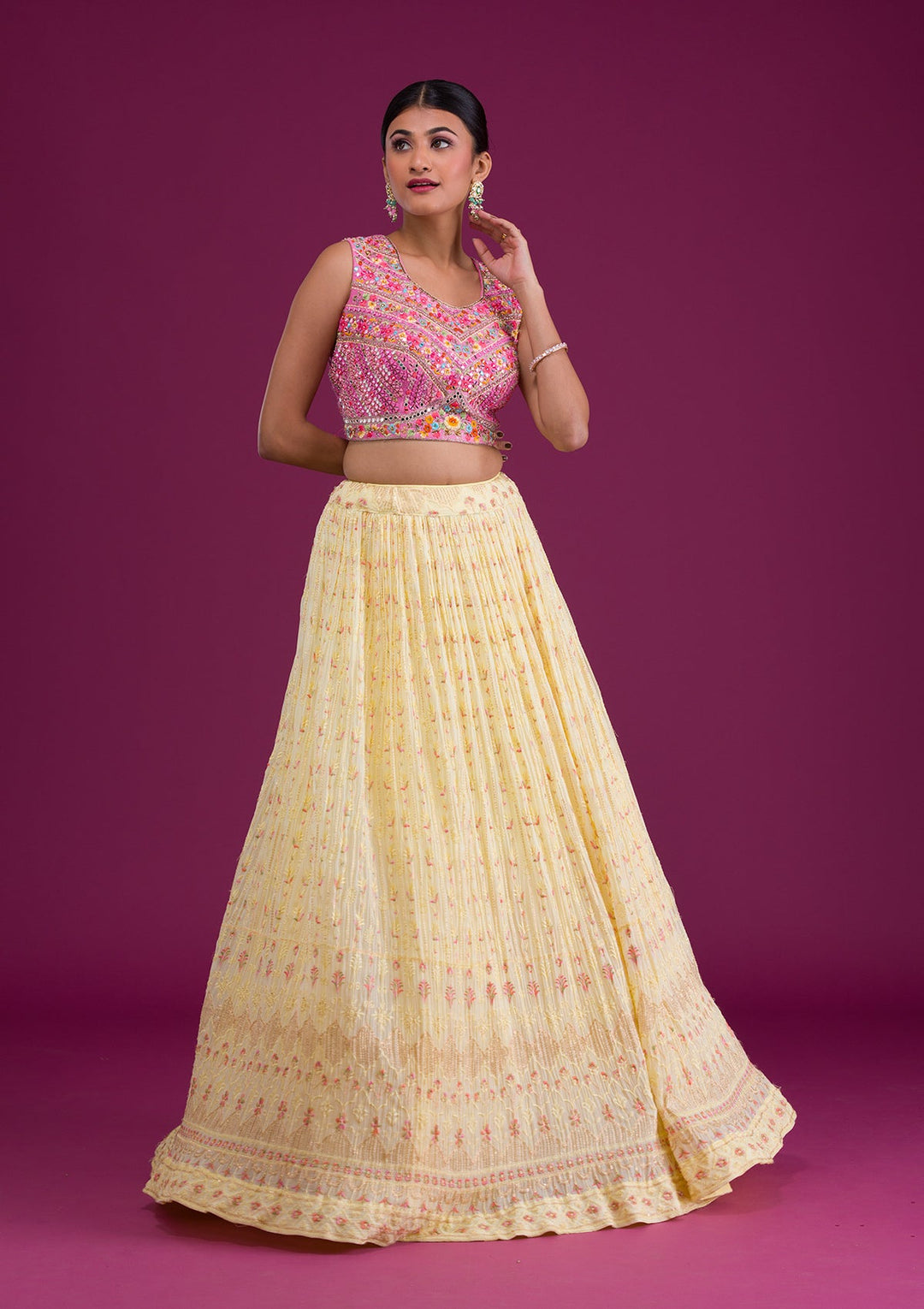Yellow Threadwork Georgette Readymade Lehenga-Koskii