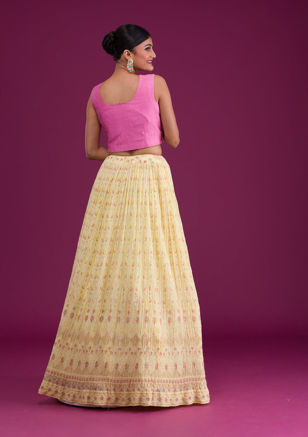 Yellow Threadwork Georgette Readymade Lehenga-Koskii