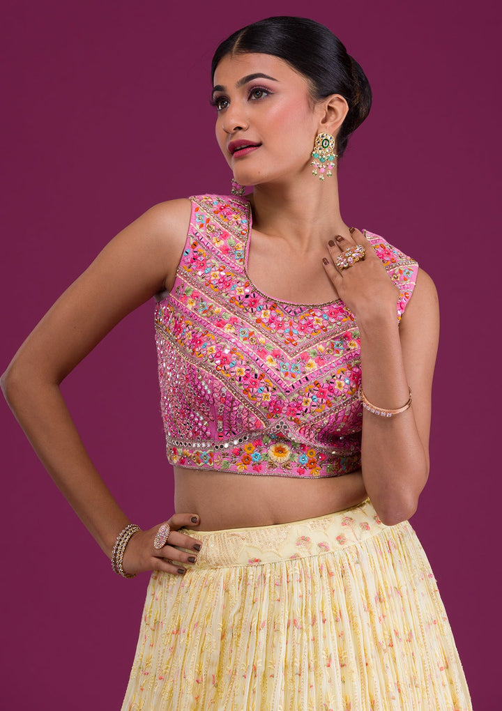 Yellow Threadwork Georgette Readymade Lehenga-Koskii