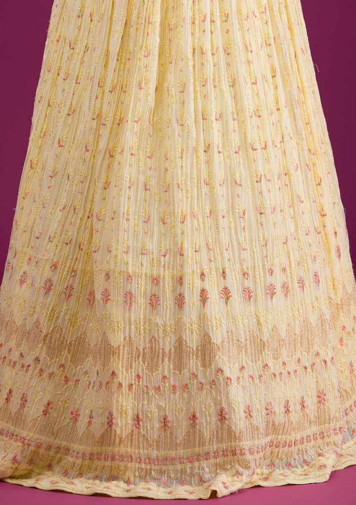 Yellow Threadwork Georgette Readymade Lehenga-Koskii