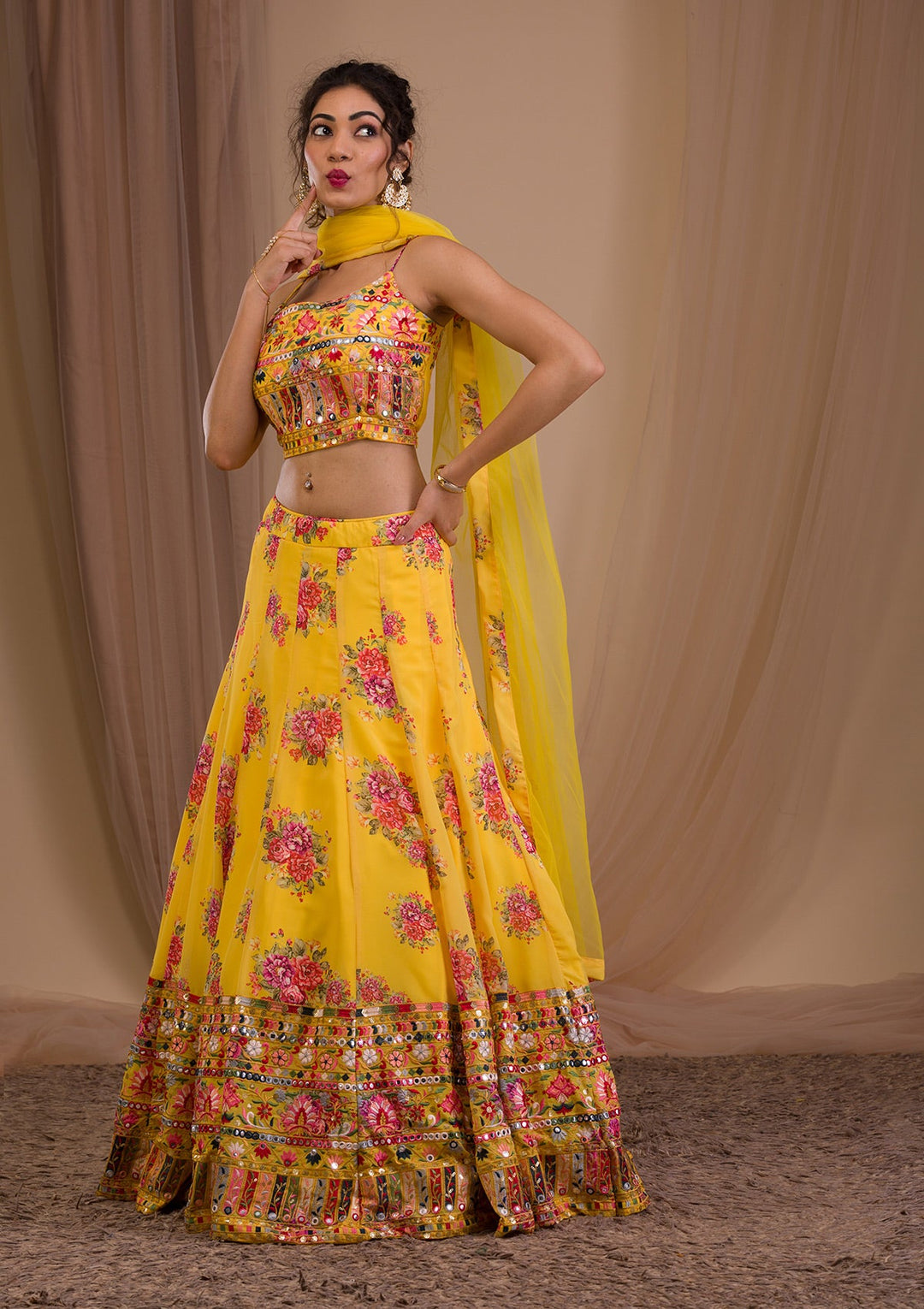 Yellow Threadwork Georgette Readymade Lehenga-Koskii