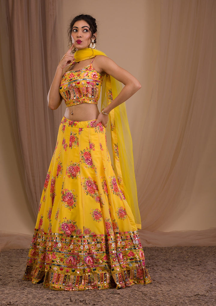Yellow Threadwork Georgette Readymade Lehenga-Koskii