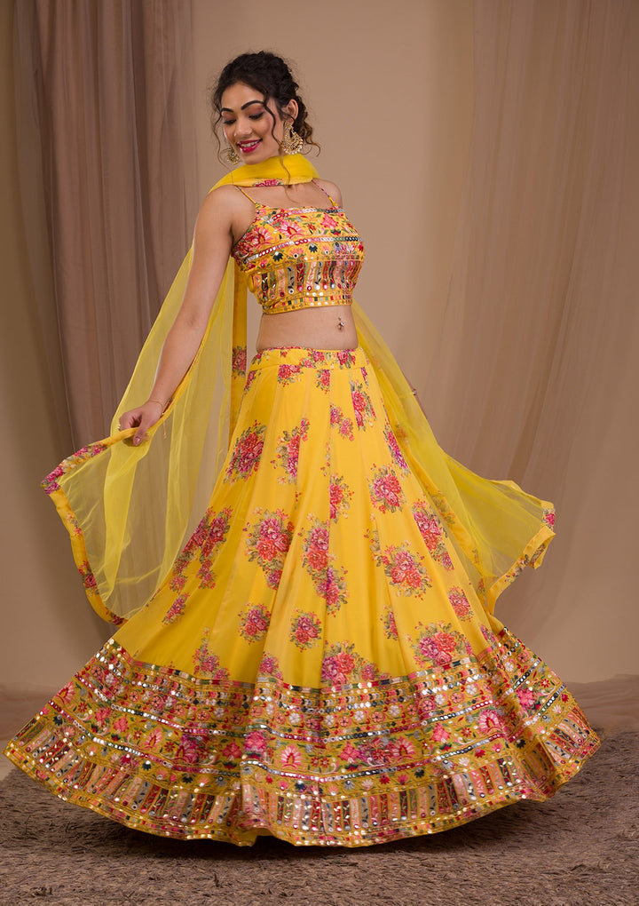 Yellow Threadwork Georgette Readymade Lehenga-Koskii