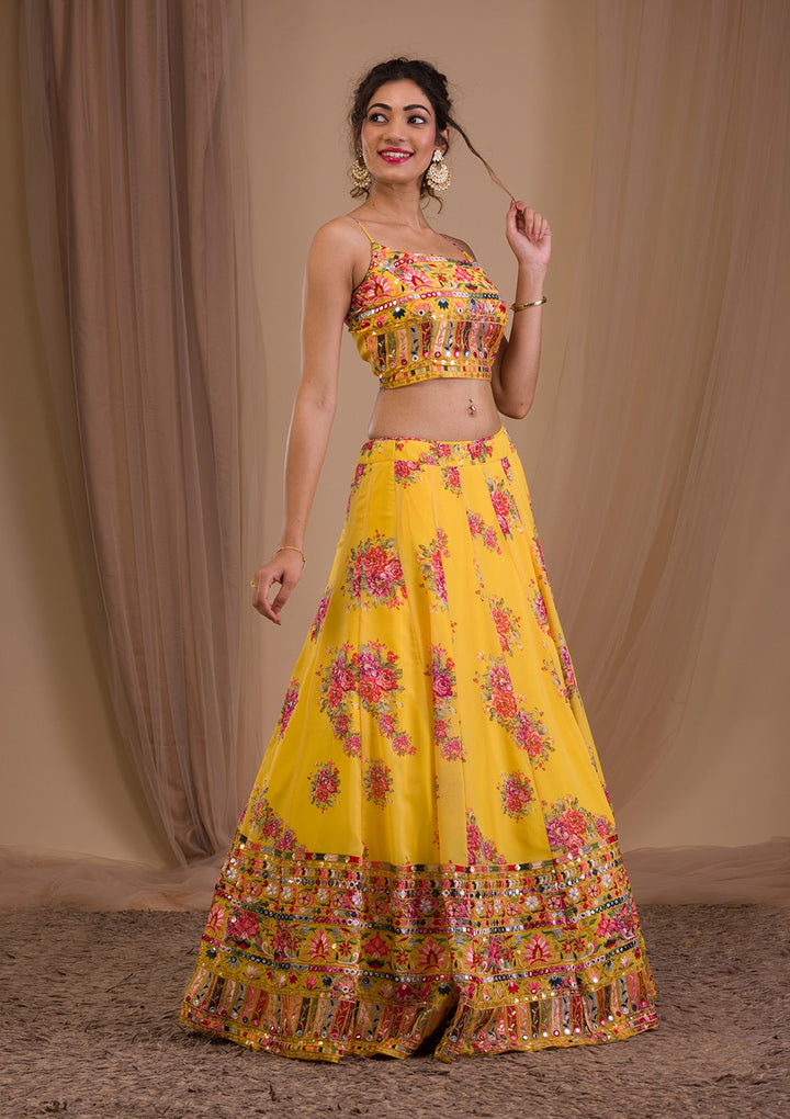 Yellow Threadwork Georgette Readymade Lehenga-Koskii